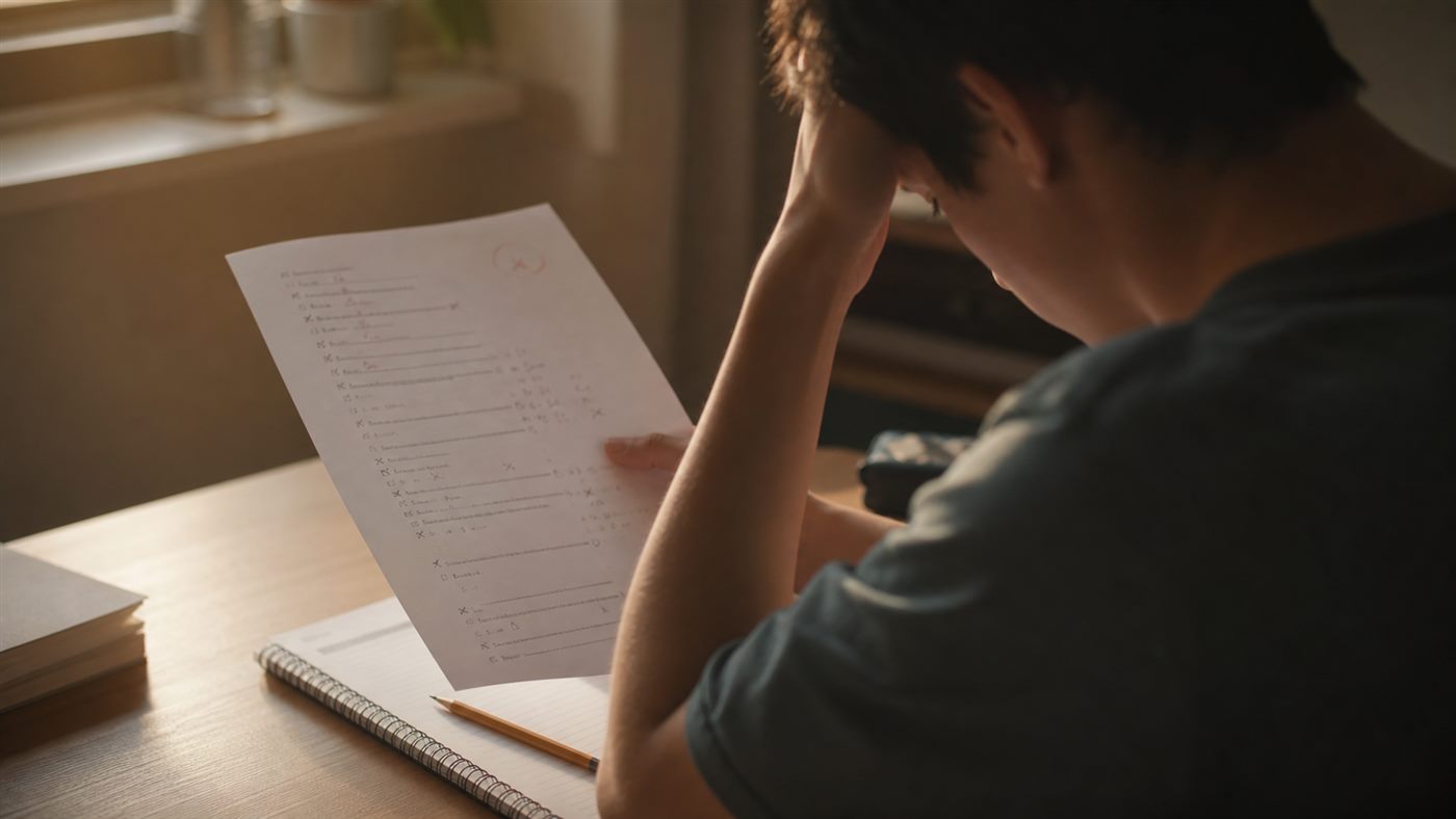 Student frustrated after noticing a careless mistake on an exam paper