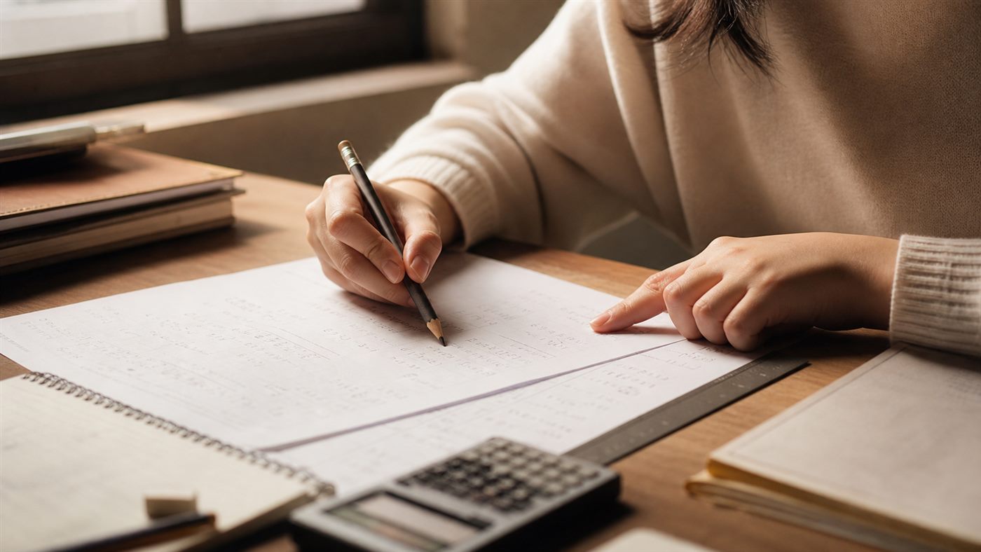 Student carefully checking exam answers with a pencil