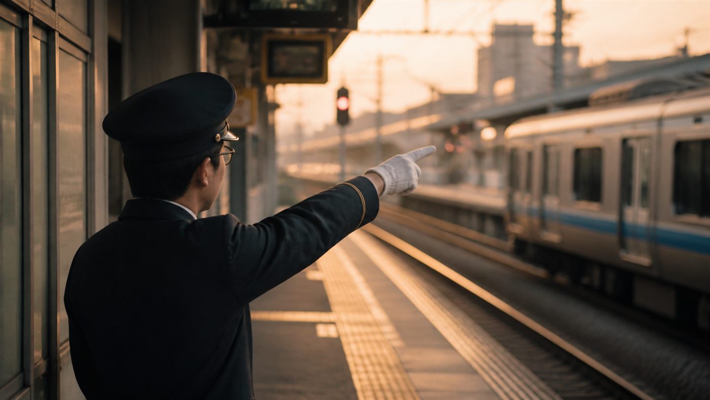 Japanese train conductor pointing carefully on a railway platform